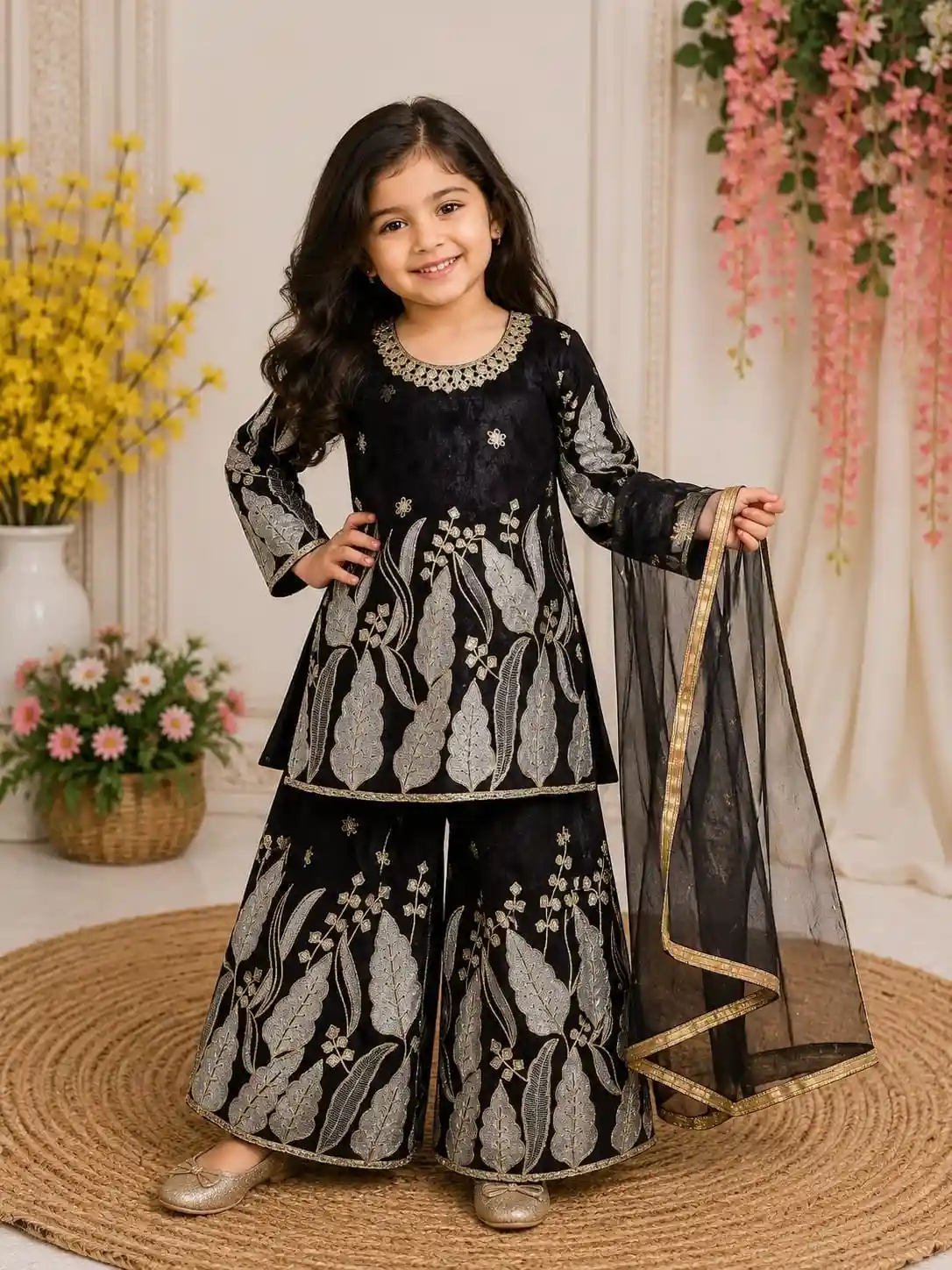Designer Fendy Silk Embroidery Sequence Top Palazzo Dupatta Set